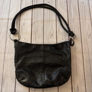 Ralph Lauren Black Leather Braided Strap Hobo Shoulder Bag Whipstitch Rings